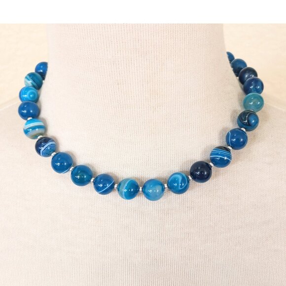 Boho Dark Teal Blue & Light Blue Marble Agate Simple Beaded Strand Necklace - Picture 1 of 3